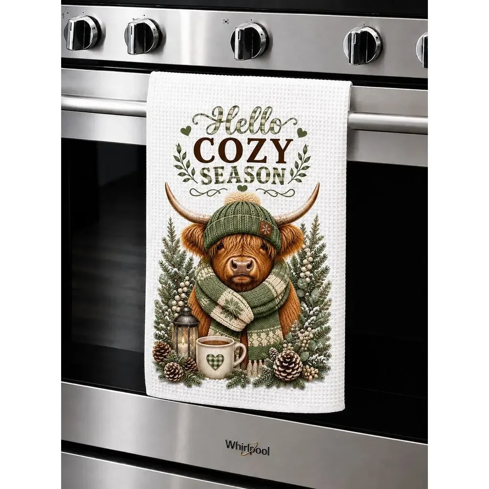 Highland Cow Winter Kitchen Towel Hello Cozy Season Farmhouse Decor